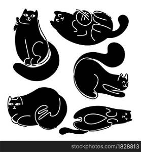 Set of monochrome abstract fat cats. Sleeping and resting black kittens with outline drawing.Vector print of pets. Modern illustration animals. Set of monochrome abstract fat cats. Sleeping and resting black kittens with outline drawing.Vector print of pets.