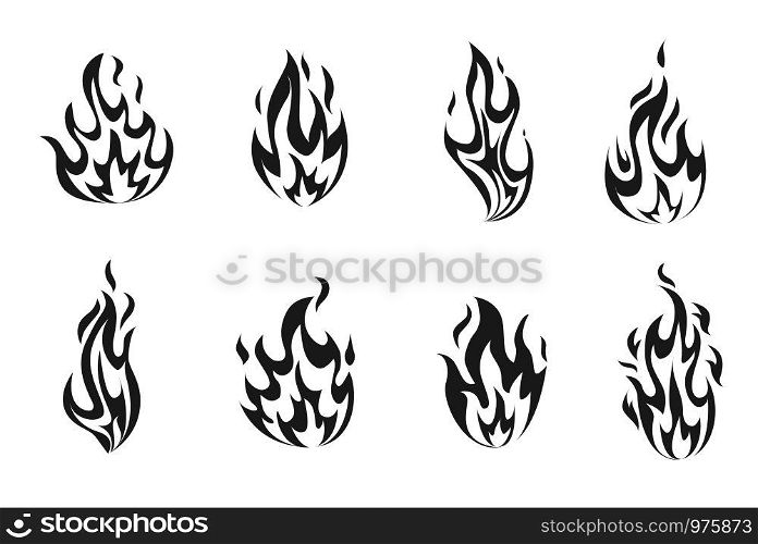Set of monochrome fire flames. Collection of black and white hot flaming element. Group of isolated cartoon style templates for game design, web, advertise, animation. Vector illustration.. Set monohrome fire flames.