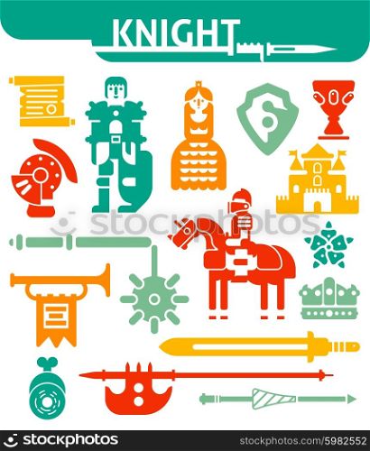 Set Of Monochrome Icons Knight. Icons set of knights rewards and different medieval weapons drawn in flat style isolated vector illustration
