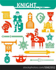 Set Of Monochrome Icons Knight. Icons set of knights rewards and different medieval weapons drawn in flat style isolated vector illustration