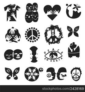 Set of monochrome international friendship symbols with peace sign, brother, children of earth, equality isolated vector illustration . International Friendship Symbols