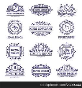 Set of monochrome labels with luxury design including monograms and vignettes crowns and diamonds isolated vector illustration. Luxury Labels Monochrome Set