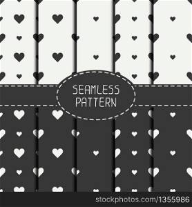 Set of monochrome romantic geometric seamless pattern with hearts. Collection of wrapping paper. Scrapbook paper. Tiling. Vector illustration. Background. Graphic texture. Valentines day.. Set of monochrome romantic geometric seamless pattern with hearts. Collection of wrapping paper. Scrapbook paper. Tiling. Vector illustration. Background. Graphic texture for design. Valentines day.