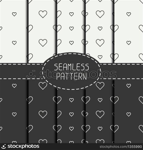 Set of monochrome romantic geometric seamless pattern with hearts. Collection of wrapping paper. Scrapbook paper. Tiling. Vector illustration. Background. Graphic texture. Valentines day.. Set of monochrome romantic geometric seamless pattern with hearts. Collection of wrapping paper. Scrapbook paper. Tiling. Vector illustration. Background. Graphic texture for design. Valentines day.