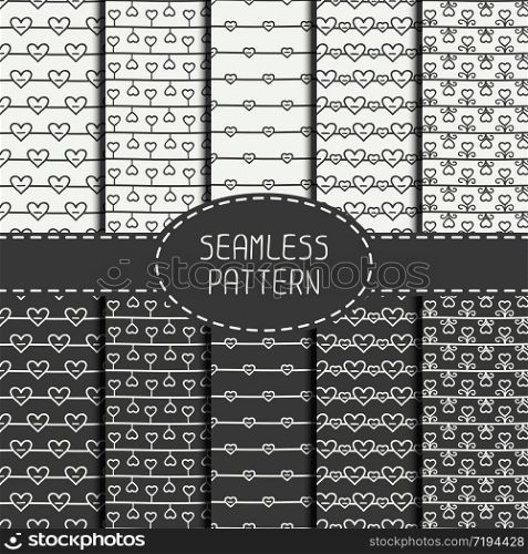 Set of monochrome romantic seamless pattern with hearts. Collection of paper for scrapbook. Vector background. Tiling. Hand drawn doodles. Stylish graphic texture for your design, wallpaper.. Set of monochrome romantic seamless pattern with hearts. Collection of paper for scrapbook. Vector background. Tiling. Hand drawn doodles. Stylish graphic texture for your design, wallpaper, pattern fills.