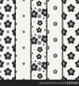 Set of monochrome seamless floral pattern. Flowers and leaves. Wrapping paper. Scrapbook. Tiling. Vector illustration. Spring floral background. Graphic texture. Wallpaper. Floral texture. Set of monochrome abstract seamless floral pattern. Flowers and leaves. Wrapping paper. Scrapbook. Tiling. Vector illustration. Spring floral background. Graphic texture. Wallpaper. Floral texture