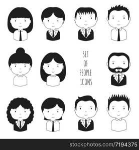 Set of monochrome silhouette office people icons. Businessman. Businesswoman. Cartoon hand drawn faces sketch for your design. Collection of cute avatar. Trendy doodle style. Vector illustration.. Set of monochrome silhouette office people icons. Businessman. Businesswoman. Funny cartoon hand drawn faces sketch pictogram for your design. Collection of cute avatar. Trendy doodle style. Vector illustration.