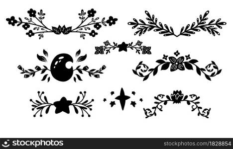 Set of monochrome spacers with twig, moon and star. Vector nature design elements. Black silhouette of plant text delimiters for articles, invitations and cards. Natural design objects. Set of monochrome spacers with twig, moon and star. Vector nature design elements. Black silhouette of plant text delimiters for articles, invitations and cards.