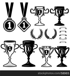 Set of monochrome winner cups, medals, wreaths isolated on white background. Vector illustration