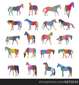 Set of mosaic vector colorful trotting and galloping horses silhouettes isolated on white background