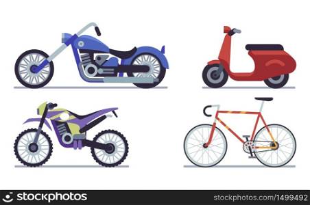 Set of moto bike. Bicycle, scooter, cross bike and chopper vector illustration on white background vector set. Set of moto bike. Bicycle, scooter, cross bike and chopper vector illustration on white background