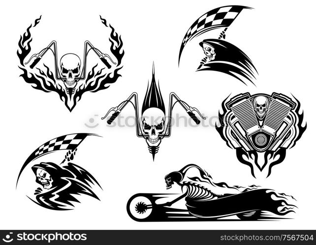 Set of motor racing skulls in black and white designs with a grim reaper holding a checkered flag, racing skull on handlebars and skeleton on a speeding roadster bike trailing flames