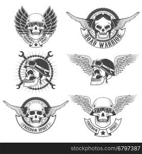 Set of motorcycle club labels templates.Skulls in motorcycle helmets with wings. Design elements for logo, label, emblem, sign, badge. Vector illustrations.