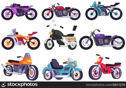 Set of motorcycle design flat style. Motorbike and bike different types, motorcycle isolated, motorcycle and motor, engine cycle, travel motorcycle, power moto, speed vehicle transport, transportation. Set of motorcycle design flat style. Motorbike and bike different types, motorcycle isolated