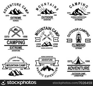 Set of mountain camp emblem templates. Design element for logo, label, emblem, sign, badge. Vector illustration