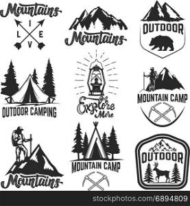 Set of mountain camp emblems. Outdoor tourism,camping, hiking. Design elements for label, sign, logo, poster. Vector illustration