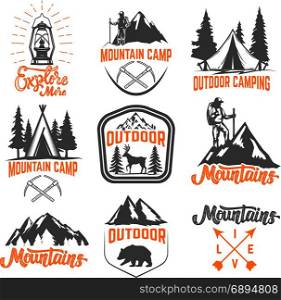 Set of mountain camp emblems. Outdoor tourism, hiking, traveling. Design elements for logo, label, emblem, sign. Vector illustration
