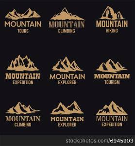 Set of mountain icons in golden style isolated on dark background. Design elements for logo, label, emblem, sign. Vector illustration