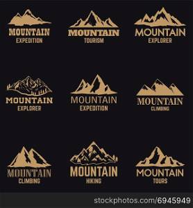 Set of mountain icons in golden style isolated on dark background. Design elements for logo, label, emblem, sign. Vector illustration