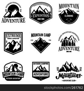 Set of mountain tourism emblems. Design element for logo, label, sign, poster, t shirt. Vector illustration