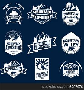 Set of mountains, hiking and outdoor adventures emblems.
