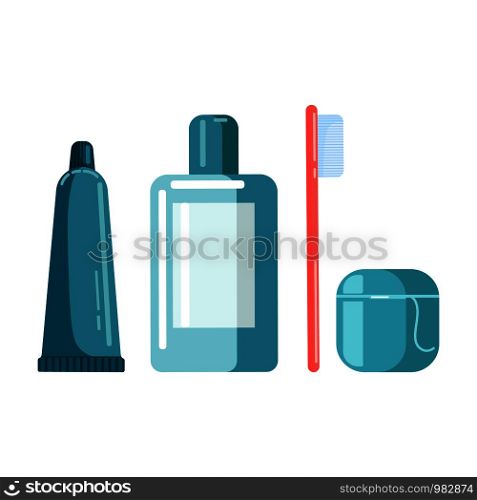 Set of mouth care. A tube of toothpaste, mouthwash, toothbrush and dental floss in flat style isolated on white background. Vector illustration. Set of mouth care. A tube of toothpaste, mouthwash, toothbrush and dental floss