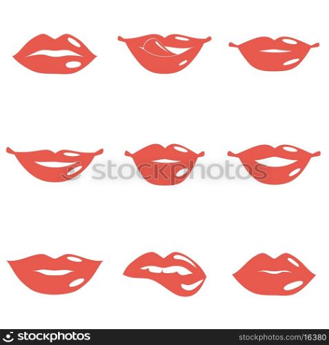 Set of mouth smile red sexy woman lips isolated on white vector illustration