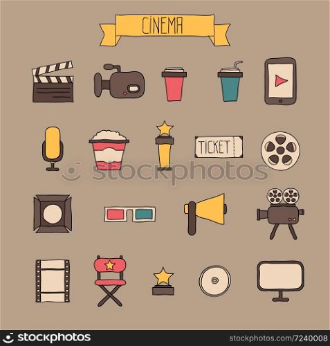 Set of movie design elements and cinema icons in doodle style.
