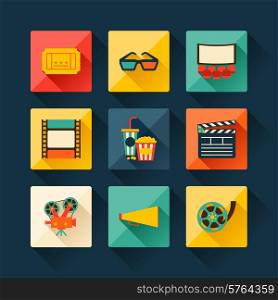 Set of movie design elements and cinema icons in flat style.