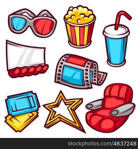 Set of movie elements and cinema objects in cartoon style. Set of movie elements and cinema objects in cartoon style.