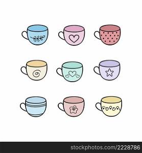 Set of multi-colored tea mugs. Collection of Doodle glasses for kitchen, cafe, restaurant. Vector cartoon Doodle illustration with dishes.