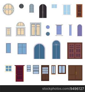 Set of multicolored entrance doors and windows isolated on white background. Vector clipart.. Set of multicolored entrance doors and windows isolated on white background. Clipart.