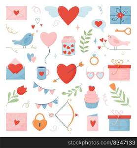 Set of multicolored icons for Valentine s Day. Flat style. Vector illustration isolated on white background.. Set of multicolored icons for Valentine s Day. Flat style.