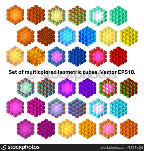 Set of multicolored isometric cubes from separate small cubes isolated on white. Decentralized system symbols. Vector EPS10.