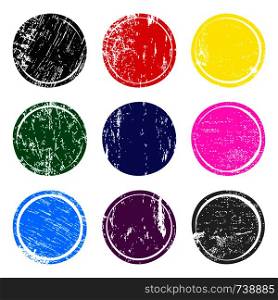 Set of multicolored post stamps with grunge texture. Blank circle stamp template for logo, badge, insignia or label. Vector illustration.. Set of multicolored post stamps with grunge texture. Blank circle stamp template for logo, badge, insignia or label