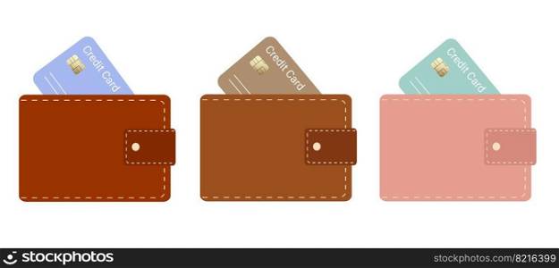 Set of multicolored wallet icons. Leather wallet. Isolated on white background.Payment by credit card, business concept. Vector illustration in a flat style. Set of multicolored wallet icons. Leather wallet. Isolated on white background.Payment by credit card, business concept. Vector illustration in a flat style.