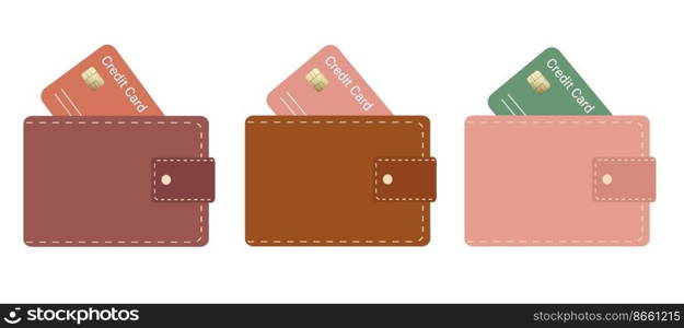 Set of multicolored wallet icons. Leather wallet. Isolated on white background.Payment by credit card, business concept. Vector illustration in a flat style. Set of multicolored wallet icons. Leather wallet. Isolated on white background.Payment by credit card, business concept. Vector illustration in a flat style.