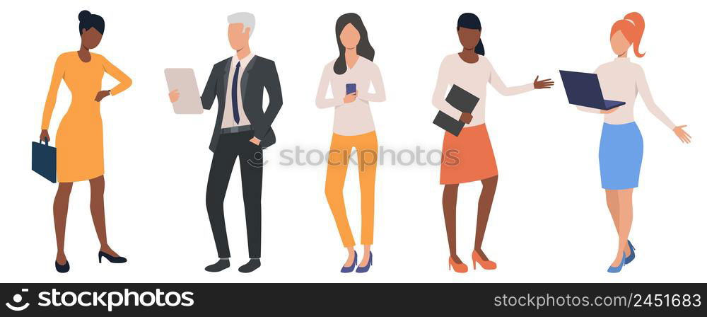 Set of multiethnic business people analyzing data. Group of men and women participating in conference. Vector illustration can be used for presentation, business forum, article. Set of multiethnic business people analyzing data