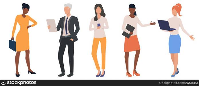 Set of multiethnic business people analyzing data. Group of men and women participating in conference. Vector illustration can be used for presentation, business forum, article. Set of multiethnic business people analyzing data