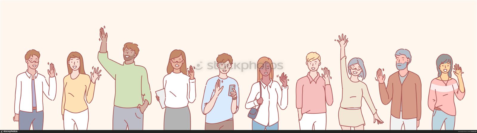Set of multiethnic people volunteers concept. Group of multinational men and women waving their hands in greeting. Collection of illustrations of people, boys and girls greet, raising hands.. Set of multiethnic people volunteers concept