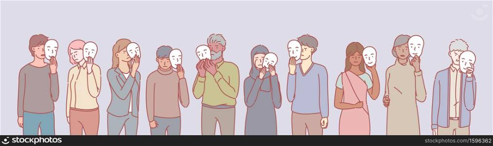 Set of multiethnic people with masks concept. Group of multinational men and women with psychological problem covering faces behind happy mask. Illustration of hiding personality or individuality. Set of multiethnic people with masks concept
