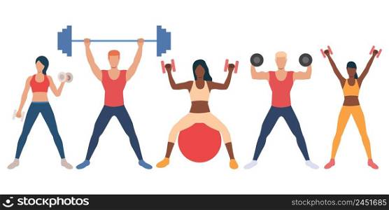 Set of multiethnic people with weights. Fitness characters with heavy equipment. Vector illustration can be used for presentation, brochure, workout. Set of multiethnic people with weights
