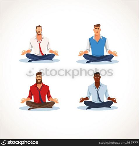 Set of Multinational Businessman, Office Worker Sitting in Lotus Pose and Meditating Flat Vector Illustration Isolated on White. Business People Practicing Yoga for Strength Recovery and Stress Relief