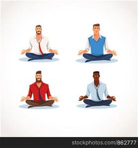 Set of Multinational Businessman, Office Worker Sitting in Lotus Pose and Meditating Flat Vector Illustration Isolated on White. Business People Practicing Yoga for Strength Recovery and Stress Relief