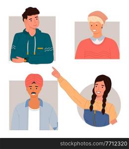 Set of multinational people, Indian in turban, young man leaned on his hand, blond guy with funny hat, earrings in his ears, girl with pigtails points her hand. Set of human images isolated on white. People, characters, multinational individuals. A collection of men and women. Flat vector image