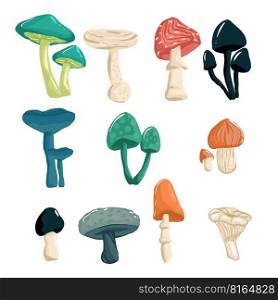 Set of mushrooms in the hand drawing style. Psychedelic abstract mushrooms, hippie style. Vector illustration isolated on a white background. Set of mushrooms in the hand drawing style. Psychedelic abstract mushrooms, hippie style. Vector illustration isolated on a white background.