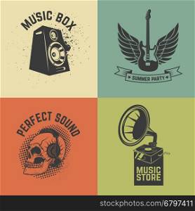 Set of music labels isolated on colorful background. Vector illustration.