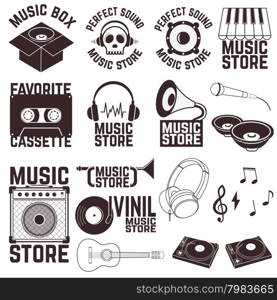 Set of music shop labels and badges. Music icons. Vector illustration.