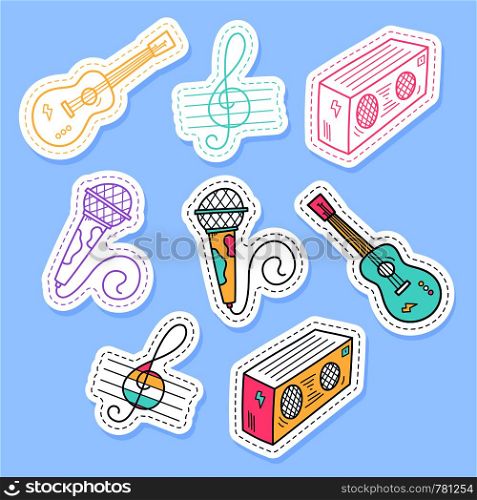 Set of music stickers, pins, patches and handwritten collection in cartoon style. Funny greetings for clothes, card, badge, icon, postcard, banner, tag, stickers, print.