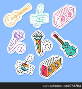 Set of music stickers, pins, patches and handwritten collection in cartoon style. Funny greetings for clothes, card, badge, icon, postcard, banner, tag, stickers, print.